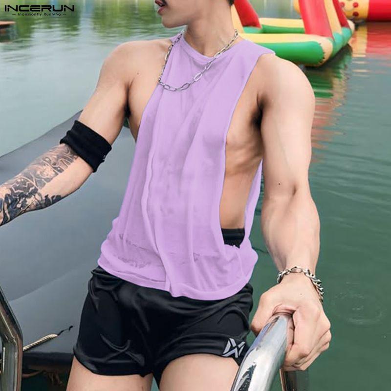 INCERUN Men Summer Sleeveless Big Cuff Mesh Sheer See Through Loose Beach Tank Tops