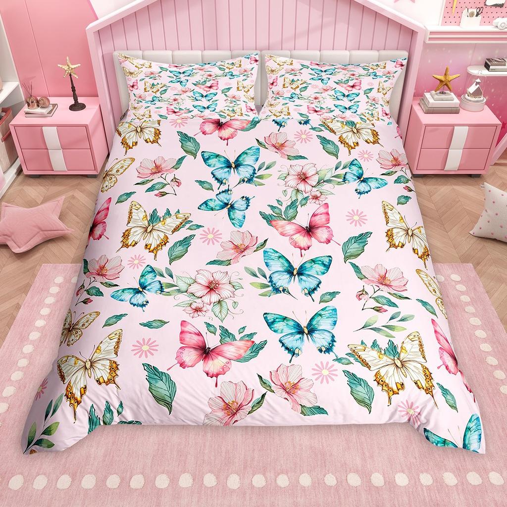 Homewish Girls Butterfly Duvet Cover Set, Chic Glitter Sequin Print Bed Set, Wild Animal Quilt Cover Set