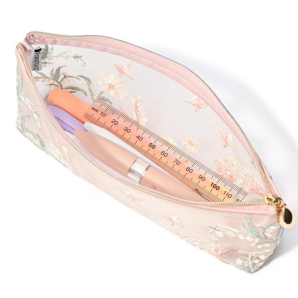 Francfranc Mesh Embroidery Pen & Toothbrush Pouch Pink