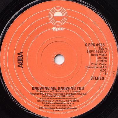 7inch Record ABBA - Knowing Me, Knowing You / Happy Haw SEPC4955 Epic 1977 UK Pop Used