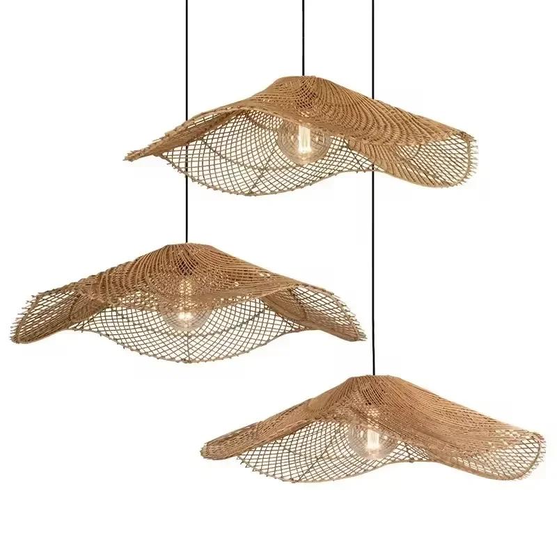 Japanese Retro Rattan Lamp Restaurant Chandelier Coffee Shop Restaurant Loft Home Decor Hanging Rattan Straw Hat Pendant Light
