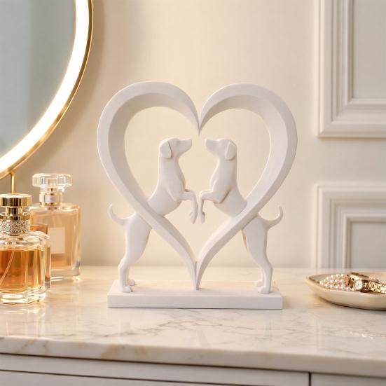 Love Heart Dogs Statue, 3D Printed Puppy Sculpture, Romantic Dogs Figurine Desktop Heart Ornament, Gift for Dog Lovers Room Table Shelf Decor