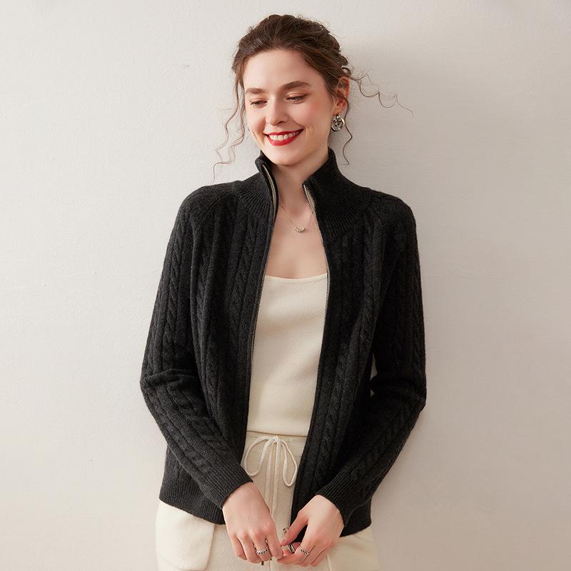 Cashmere Cable Knit Zipper Cardigan - Women's Autumn/Winter 2025, Half-High Neck, Gentle Style.
