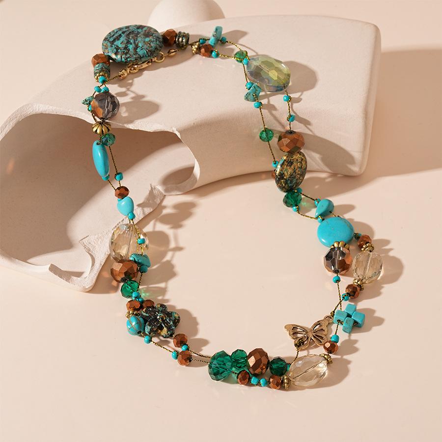 Ethnic style blue color artificial stone geometric multi-layer stacking necklace temperament collarbone necklace