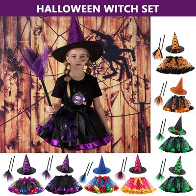 Disfraz de bruja con sombrero para niñas pequeñas, 3 piezas, para Halloween