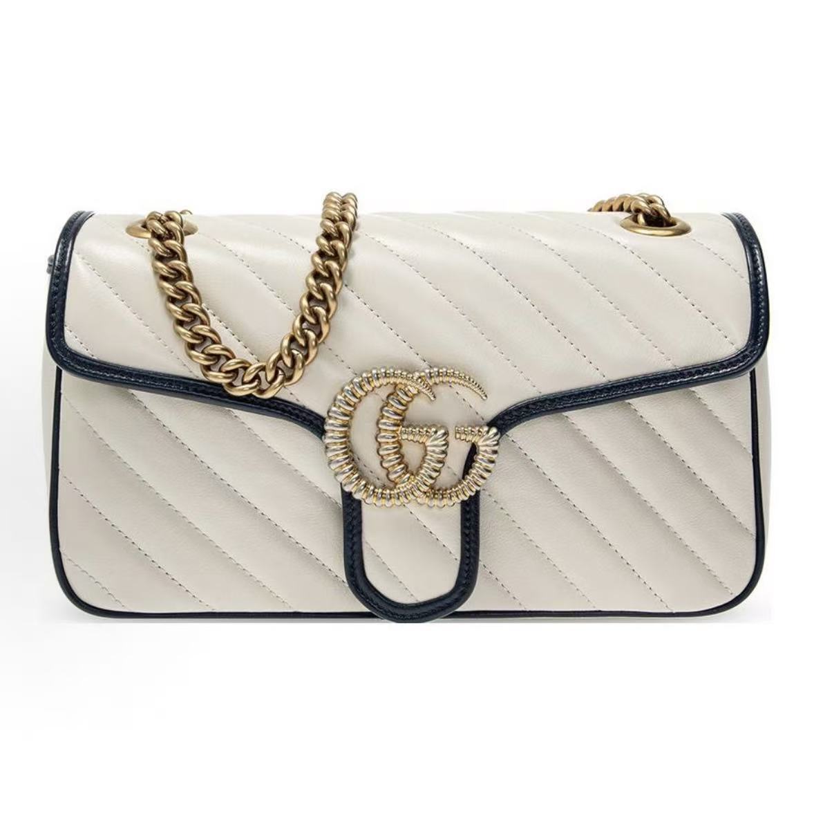 

Gucci Gg Marmont Gold-Labeled Logo Color-Blocked Trim Chain Quilted Leather Messenger Bag Shoulder Bag Female Model Basic+Dust Bag білий/синій