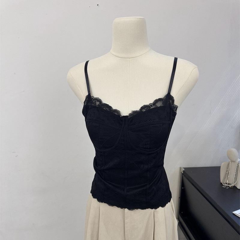 Women's Fleece Lined Lace Camisole Corset Top Built In Padded Bra Slim Spaghetti Strap Warm Fall Tank Top