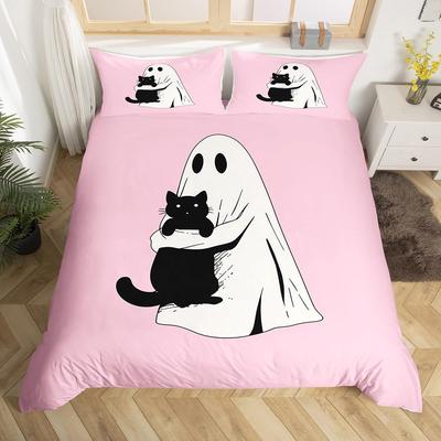 Cartoon Ghost Pink Duvet Cover Cute Black Cat Pet Animal Kitten Quilt Cover Happy Halloween Theme Bedding Set with 2 Pillowcases