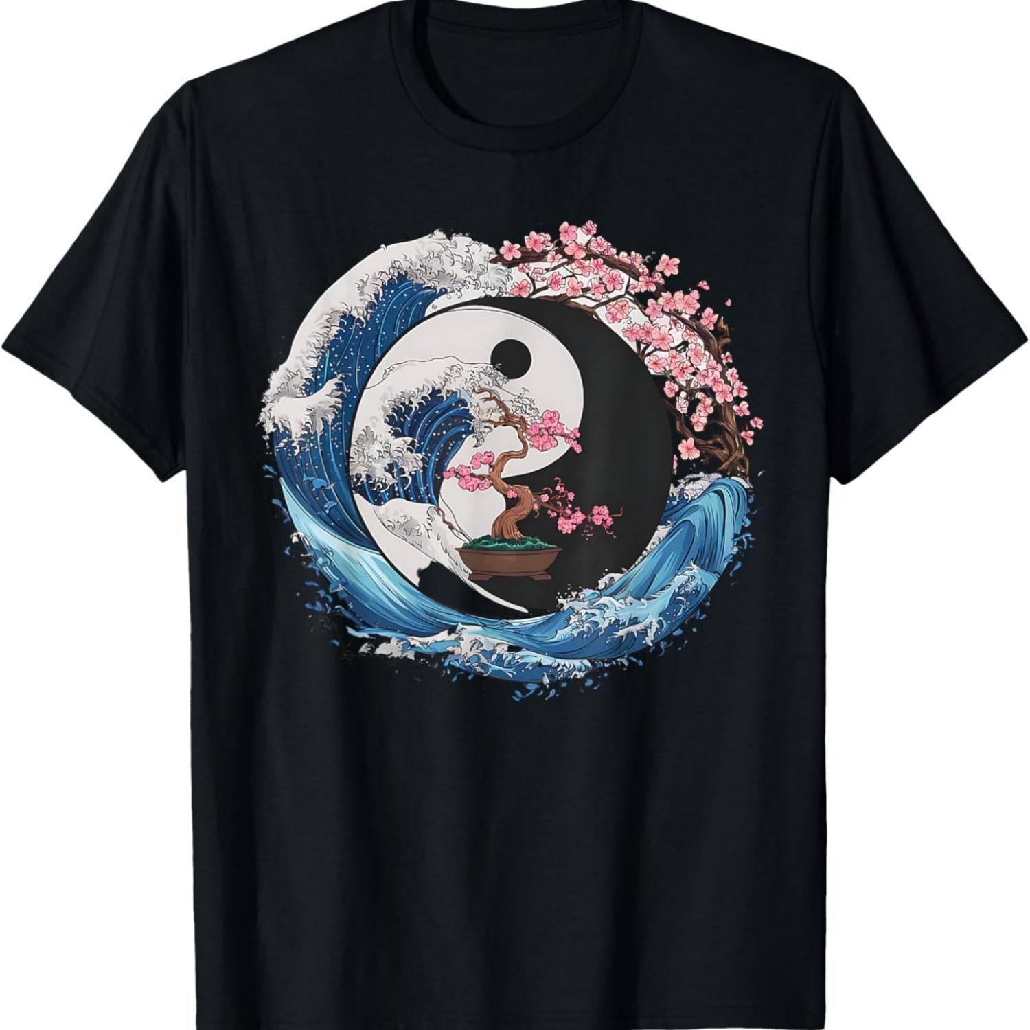 Yin Yang Cherry Blossom Bonsai & Great Wave T-Shirt(2) S чёрный