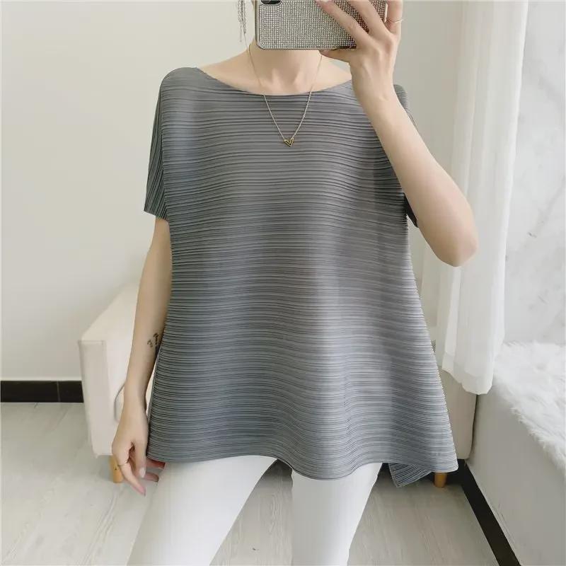 Miyake Irregular Pleated Solid Color Short Sleeve Loose Slim T-Shirt for Women