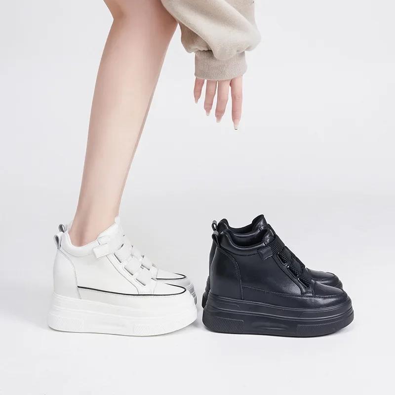 10cm Ankle Boots Genuine Leather Women Wedge Shoes Platform Sneakers High Heel Spting Autumn Plush Casual HighShoes