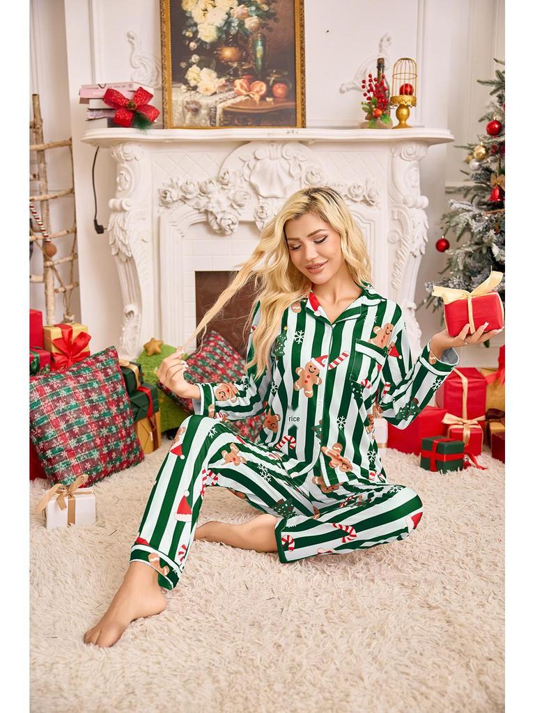 Women's Christmas Pajama Set with Santa Hat - Lapel Long Sleeve Top and Long Pants