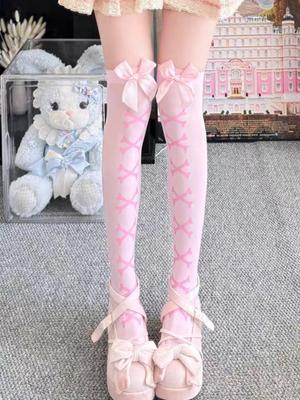 1 pár japonských punčoch nad kolena Y2K Lolita s mašlí Dámské zeštíhlující neklouzavé Ponožky na Anime Expo/Lolita čajový dýchánek/JK setkání