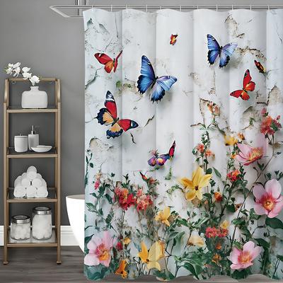 Butterfly Flower Botanical Shower Curtain, Bathroom Decorative Shower Curtain, Waterproof Shower Curtain with Hooks