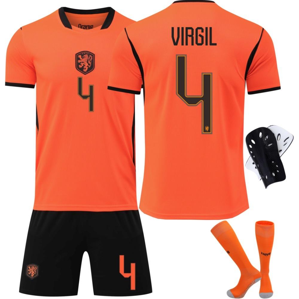 2026 World Cup Netherlands Home Jersey Youth Set #4 Van Dijk Kids Soccer Kit