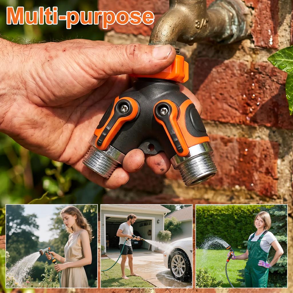 2-Wege-Schlauchverteiler Robuster Metall Y-Schlauchverteiler für den Garten mit Absperrventilen Außenwasserhahn-Adapter 3/4 Zoll GHT Wasserschlauch C