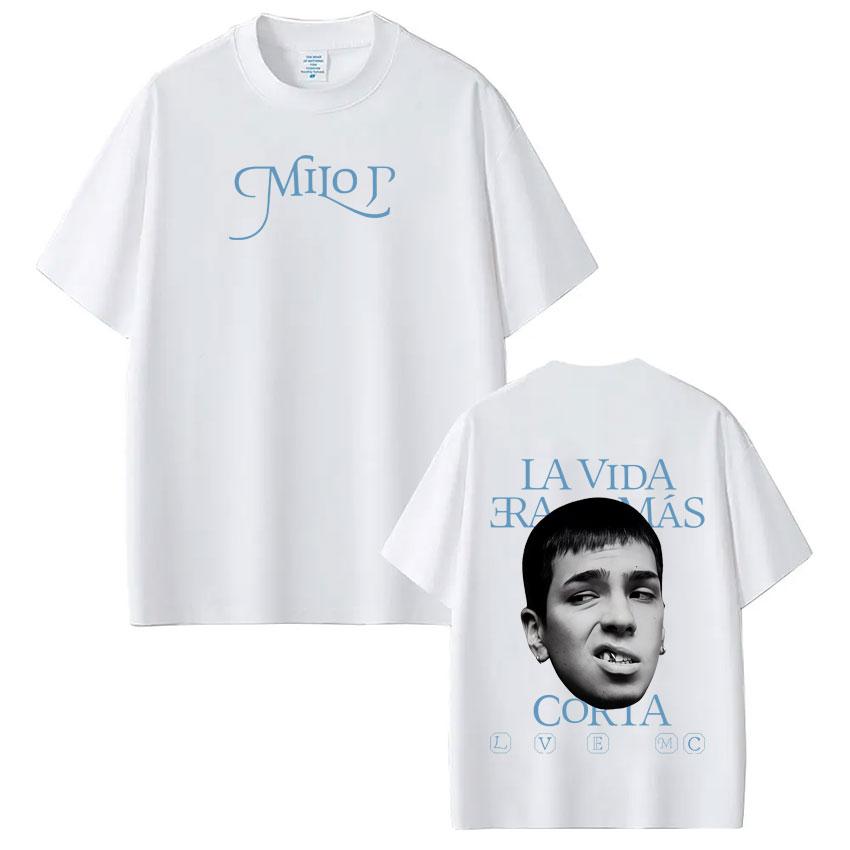 New Album Graphic Tshirt of Rapper Milo J La Vida Era Mas Corta for SpringSummer 2026fashion Hiphop Cotton Shortsleeved Top