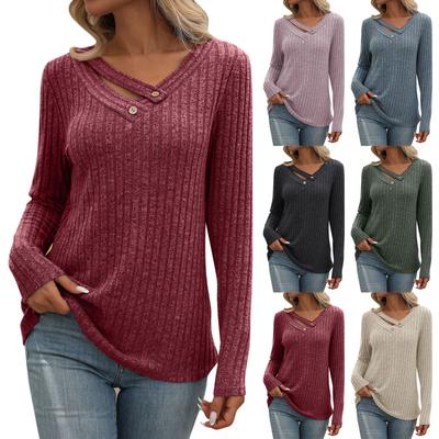 Women's Fashionable Solid Color V Neck Button Long Sleeved Loose T-shirt Top