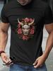 Oni Mask Graphic T-shirt - 180g Cotton Crew Neck Short Sleeve Tee with Vibrant Floral & Geometric Print