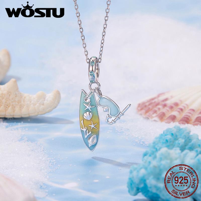 WOSTU 925 Sterling Silver Ocean Charms Starfish Shell Bucket Dolphin Surfboard DIY Beads for Original Bracelet Jewelry Making