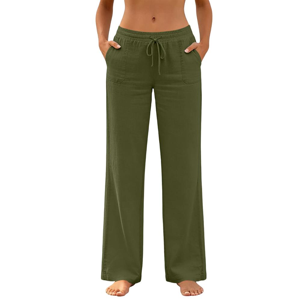Pantaloni Casual da Donna a Vestibilità Larga con Coulisse in Vita, Tasche, Gamba Larga, Lunghezza Intera, in Misto Cotone e Lino, per l'Uso Quotidiano