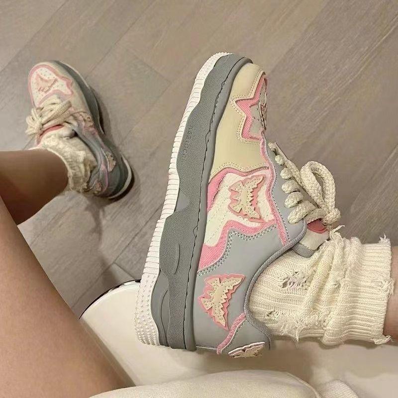 Butterfly Girl Pink Skateboard Shoes Women's Trend Ins Versatile Casual Shoes Hong Kong Style Students Thick-soled Heightening Sports Shoes