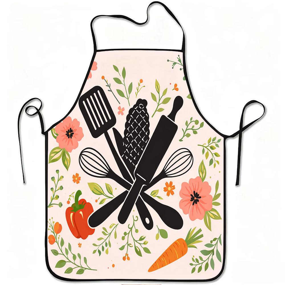 1pc Floral Kitchen Utensils Print Apron, Durable and Easy To Clean, Adjustable Waistband, Polyester Material, for Kitchen Cooking, Gardening, Orchard