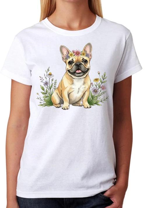 French Bulldog Floral Dog T-Shirt Cute Puppy Art Ladies Tee XL