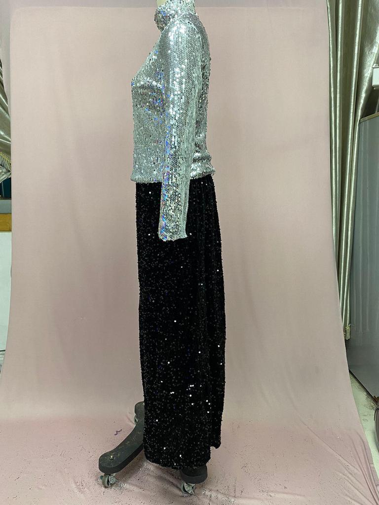 2025 High Waist Sequined Midi Skirt with Elastic Back Slit for Women