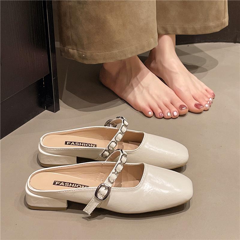 2025 spring and summer fashion chain thick heel single shoes low heel chain with skirt retro half slippers women's new outer wear