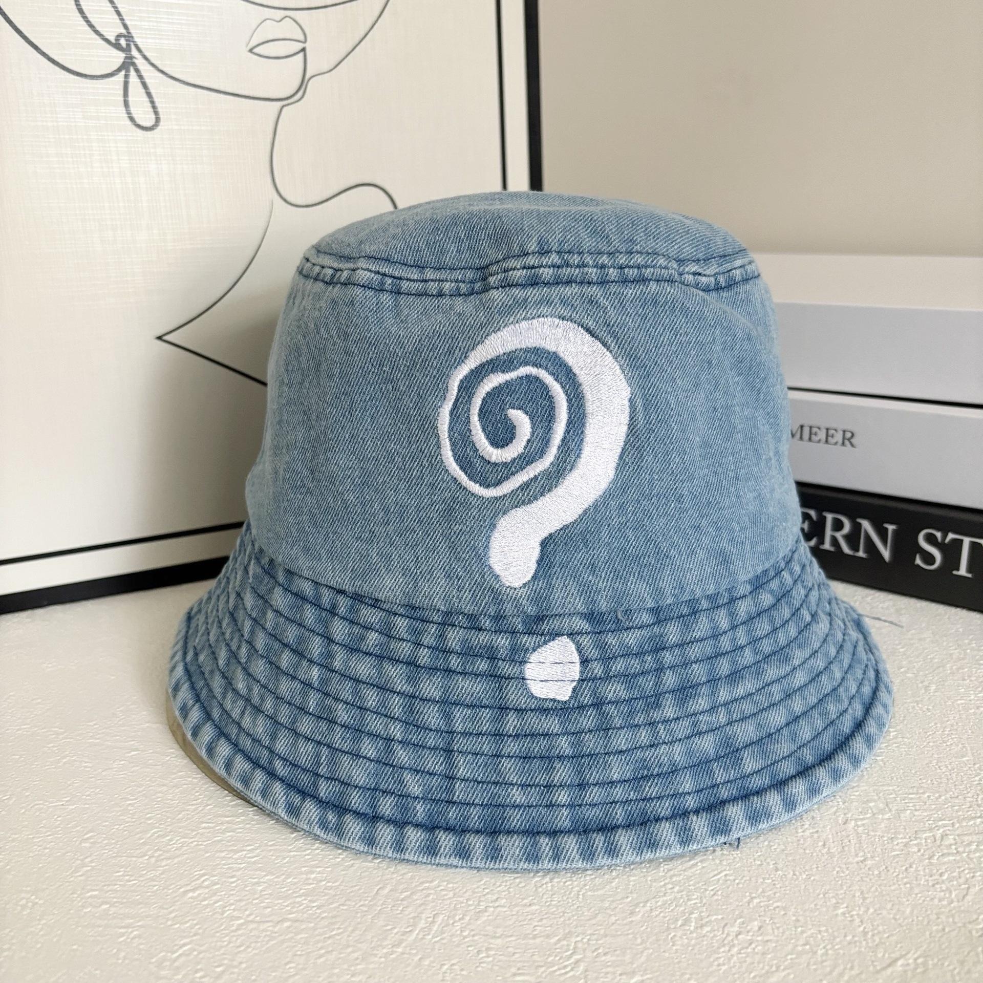 

Trendy Brand Question Mark Embroidered Bucket Hat Hip Hop Street Style Washed Denim Old Destruction Unisex Bucket Hat for Men W M 56-58cm