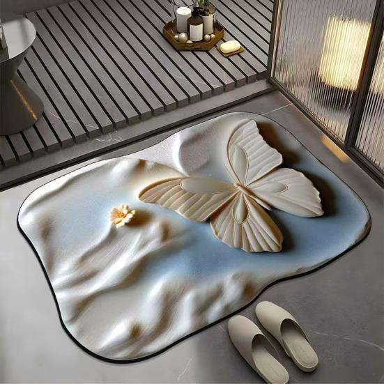 Floor Mat Quick Drying High Water Absorption 3D Realistic Butterflies Floral Pattern Anti-Slip Bathroom Mat Entryway Kitchen Rug