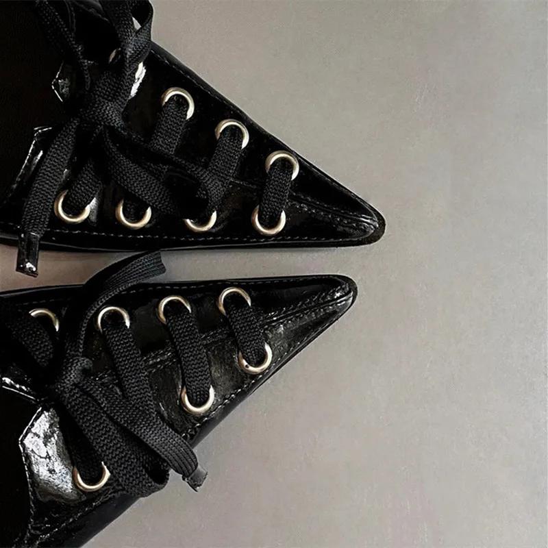 Fashion Sexy Pointed Toe Thin High Heel Women Pumps Lace Up Bow Design Black Leather High Heels Punk Style Fashion Elegant Woman Heels