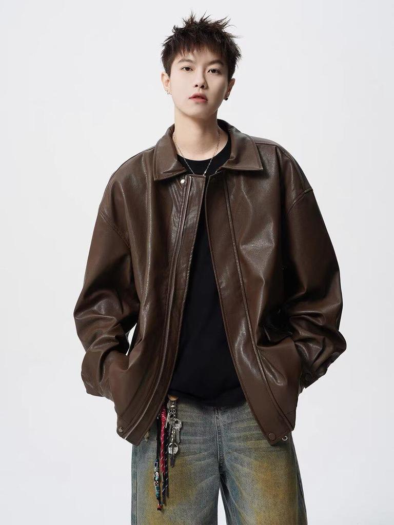Men's Retro High Street Motorcycle Leather Jacket - Autumn/Winter Loose-Fit Lapel Coat
