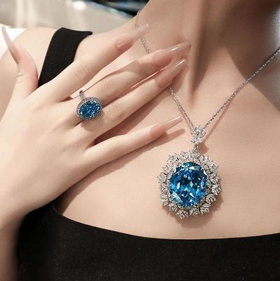 Luxury Heavy Industry Aquamarine Pigeon Egg Gem Necklace Pendant Colored Treasure Earrings Set Temperament Zircon Blue Topa Ring