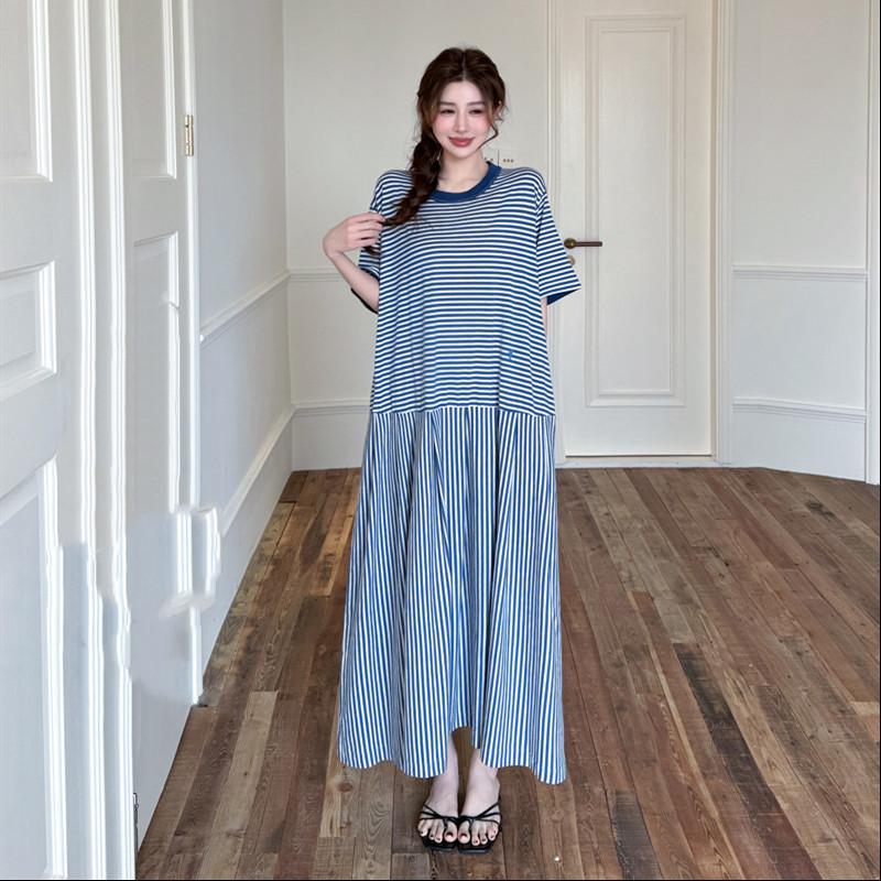 Short Sleeve Plus Size Cotton Vintage Stripe New In Dresses for Women Casual Loose Long Summer Dress