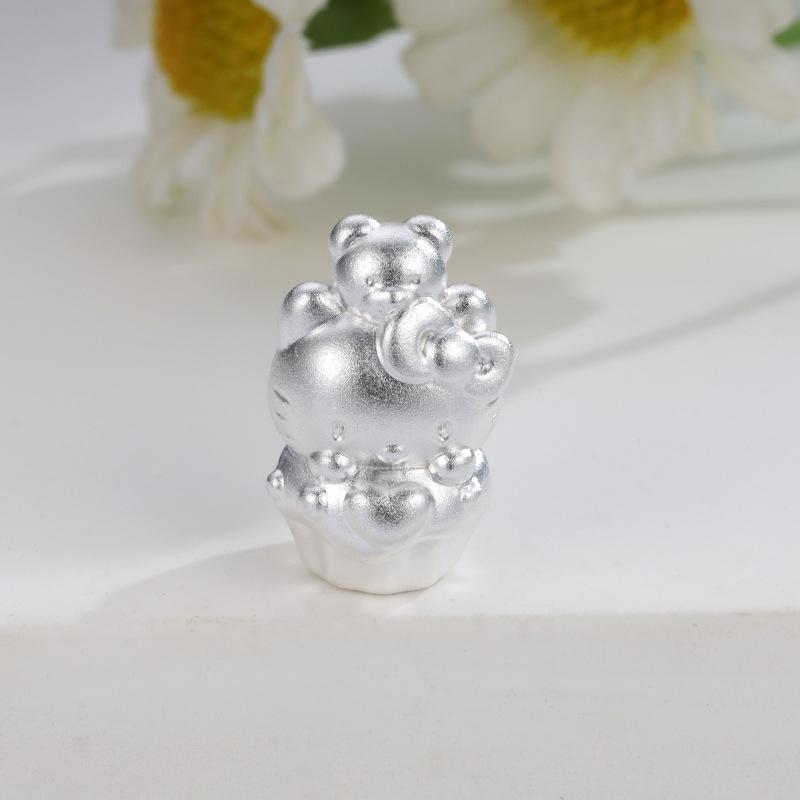 Sterling Silver 999 Hello Kitty & Bear Charms DIY Rope Beads Skewer Accessories