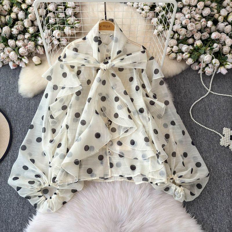 

Stylish Ruffles Chiffon Shirt Women s Summer New Lantern Sleeve Shoelace Slim Looking Tie-Dye Inner Suspender Tops Apricot bottom polka dot All yards