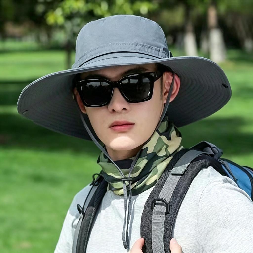 Men Outdoor Sun Protection Hat Wide Brim Fishing Hat Adjustable Chin Strap Breathable Lightweight Bucket Hat for Hiking Camping Travel