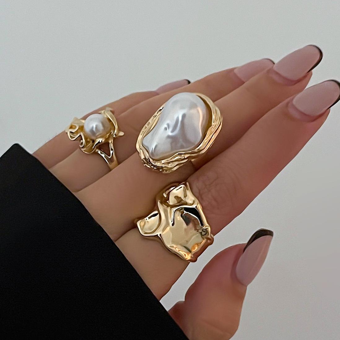 

SHIXIN 3 Pcs Elegant Baroque Imitation Pearl Open Rings Set Women Fashion Irregular Adjustable Gold Color Ring 2026 New Jewelry