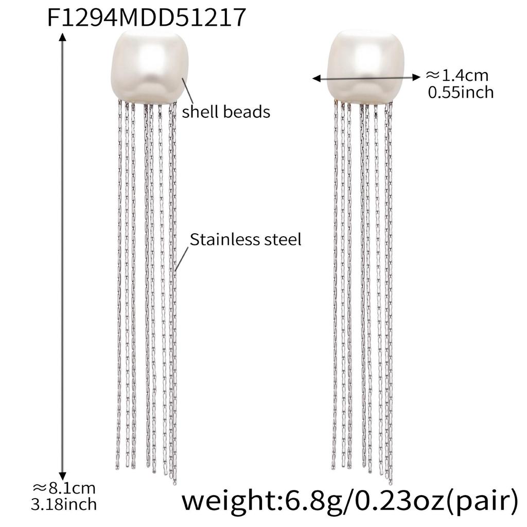 18K Gold Plated Stainless Steel Geometric Pearl Tassel Earrings - Versatile European & American Fashion Style