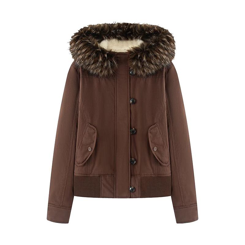 Y2K Jacke mit Fellfutter Vintage Damen Kapuzenmantel mit Kunstfellbesatz und Rippbündchen Lässige Kurze Jacke S braun