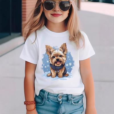 Kız Çocuk Evcil Hayvan Sevimli Yavru Köpek Baskılı Yuvarlak Yaka Kısa Kollu Tişört Çocuk Günlük Tişört