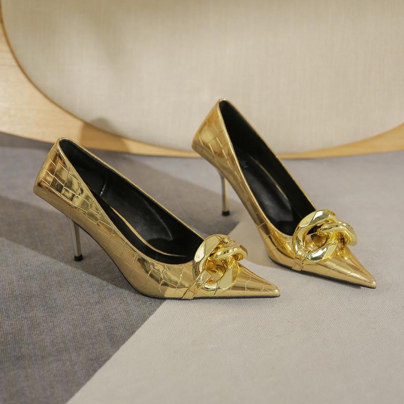 Mode 2025 Dünne High Heels Pumps Schuhe Damenmode Spitzzehe Metallkette Arbeitsschuhe Vintage Elegant Flache Goldene Pumps für Party