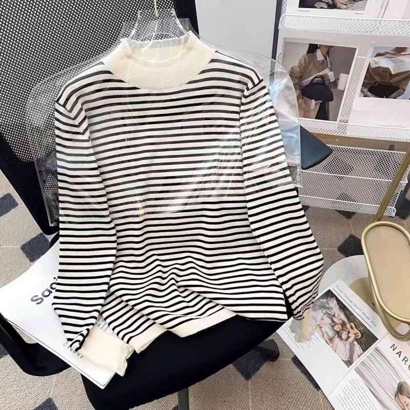 Semi-turtleneck lace knitted sweater autumn and winter new women's clothing pullover long-sleeved splicing striped slim-fit sweater top