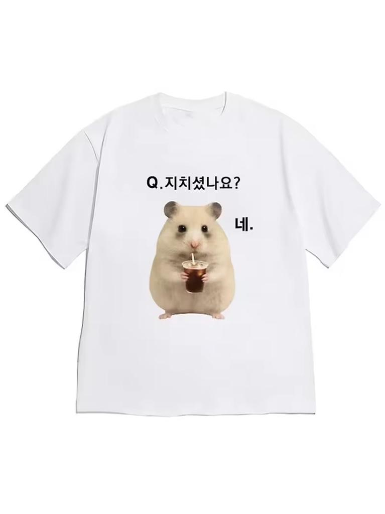 Cute And Lively Style Colorful Text Bubbles Heart Star Decoration ShortSleeved TShirt with Decorated Hamster Image Top