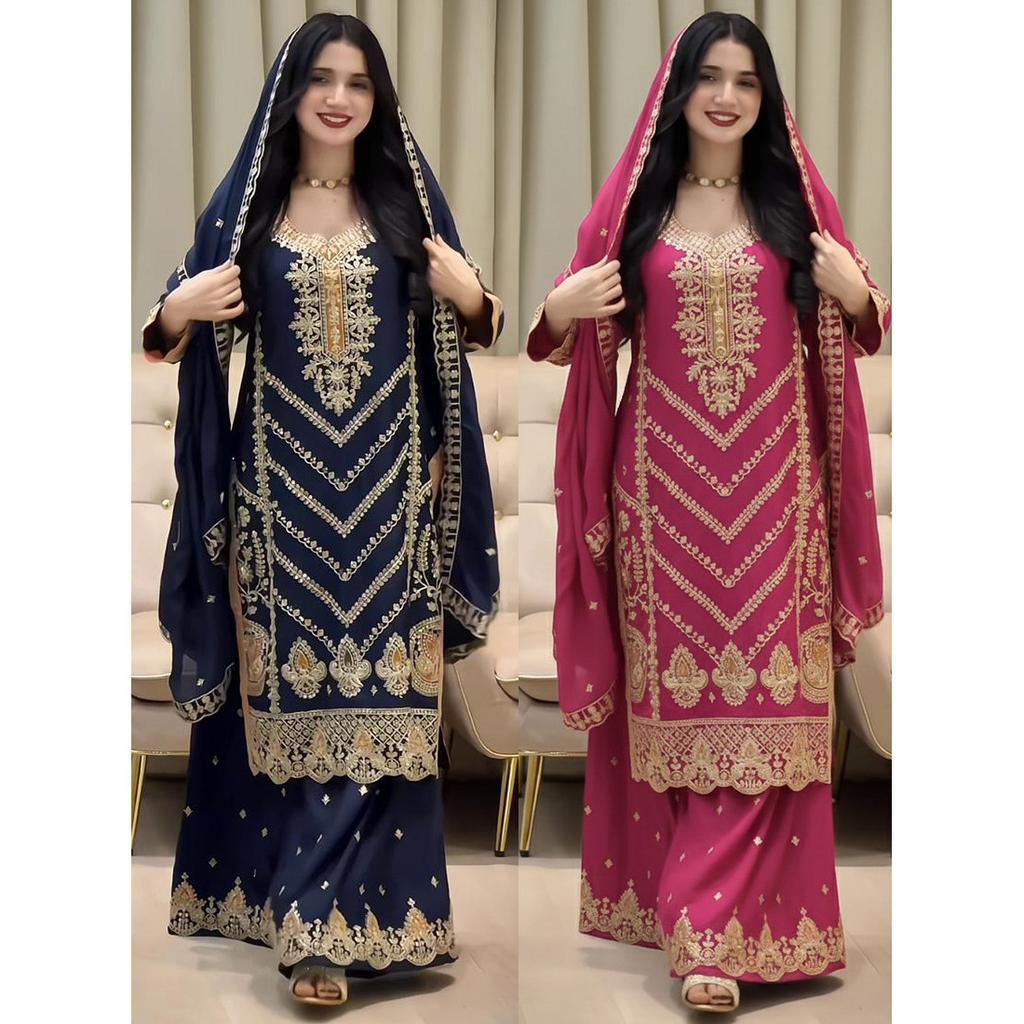 Pure Chinon Silk Pakistani Palazzo Suit Indian Bollywood Designer Salwar Kameez