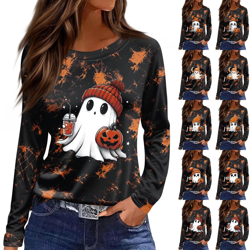 Women's Fashion Long Sleeve Top with Halloween Print and Side Slits, Round Neck