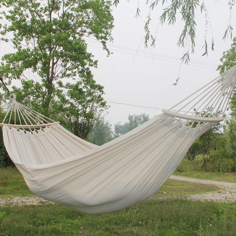Double Wide Heavy Duty Canvas Hammock With 60cm Wooden Rods Fringe Outdoor Camping Swing Garden Backyard Relaxation