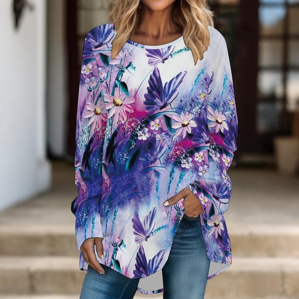 Women Long Sleeve Tunic Top Print Crew Neck Loose Fit Blouse With Pockets Casual Daily Wear Ladies Tops